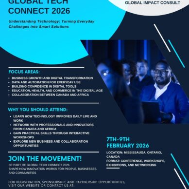 Official flyer for Global Tech Connect 2026, Mississauga, Canada, February 7–9, 2026, organized by Global Impact Consult.