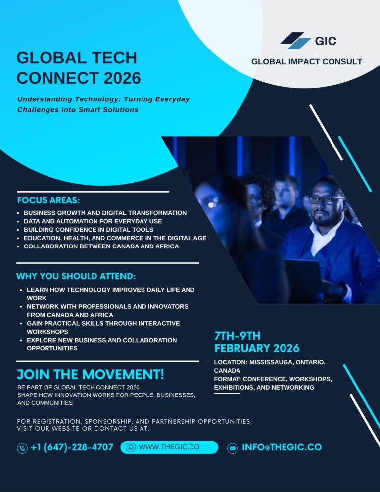 Official flyer for Global Tech Connect 2026, Mississauga, Canada, February 7–9, 2026, organized by Global Impact Consult.